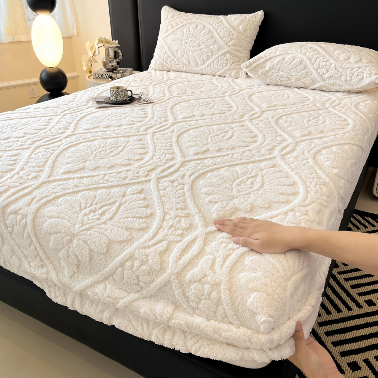 Sábana bajera suave de lana Coral para invierno, funda protectora de colchón elástica, ropa de cama de felpa cálida, cama doble de lujo, tamaño Queen y King: Estados Unidos-Reina / BLANCO