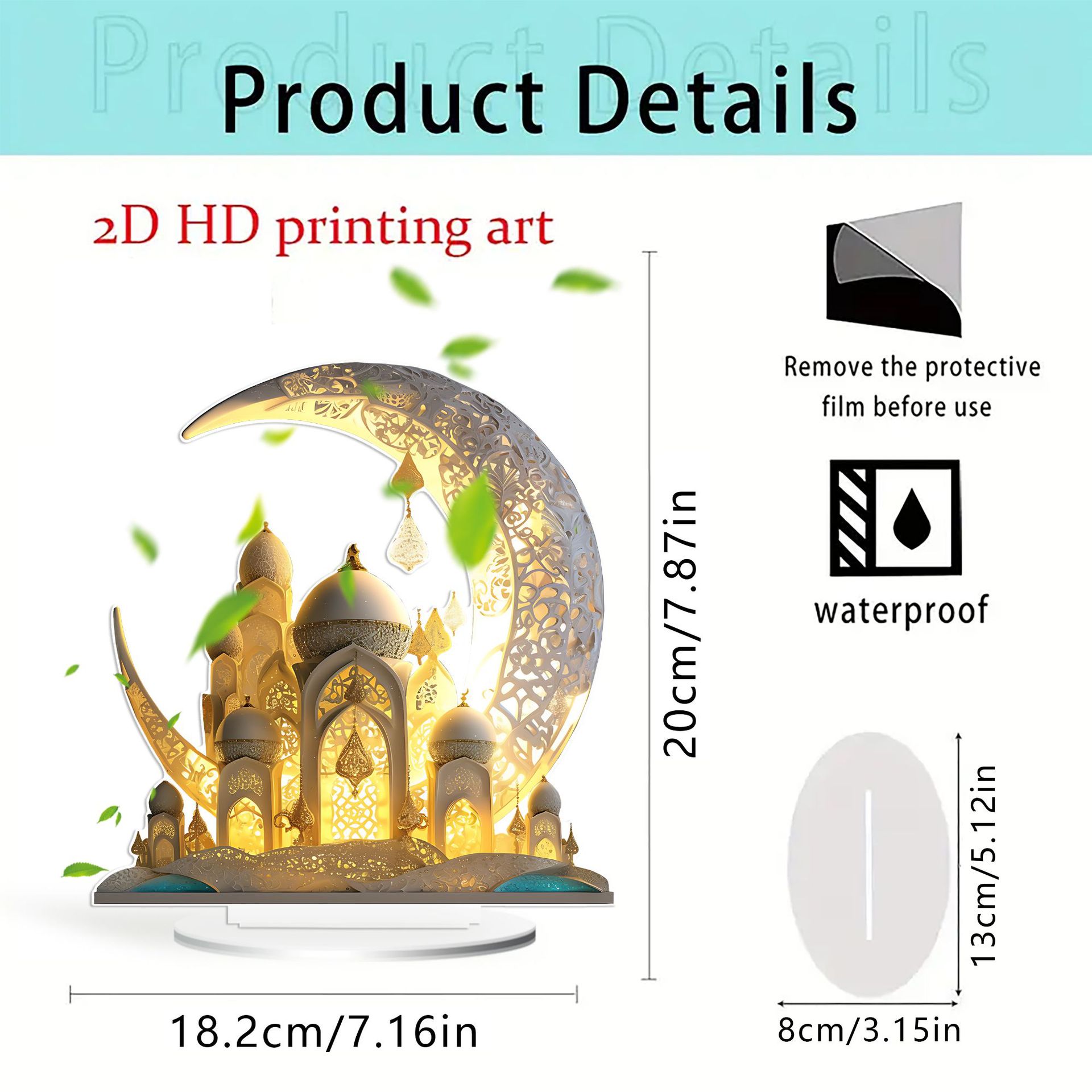 Ramadan Decor 2D Acrylic Moon Castle Decoration with Base Tabletop Centerpiece for Home Living Room Office Bookshelf: Default Title