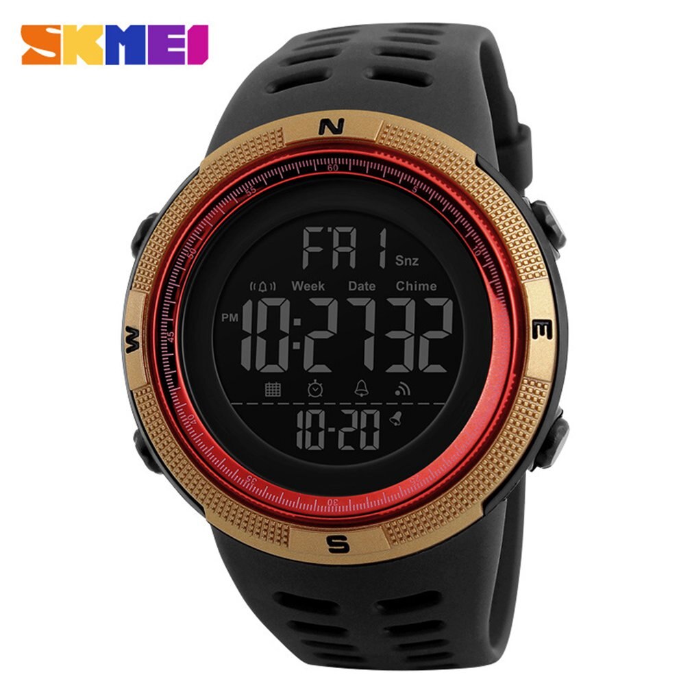 Outdoor Men's Multifunctional Sports Electronic Watch Chrono Countdown Waterproof Luminous Digital Wrist Watch: gold