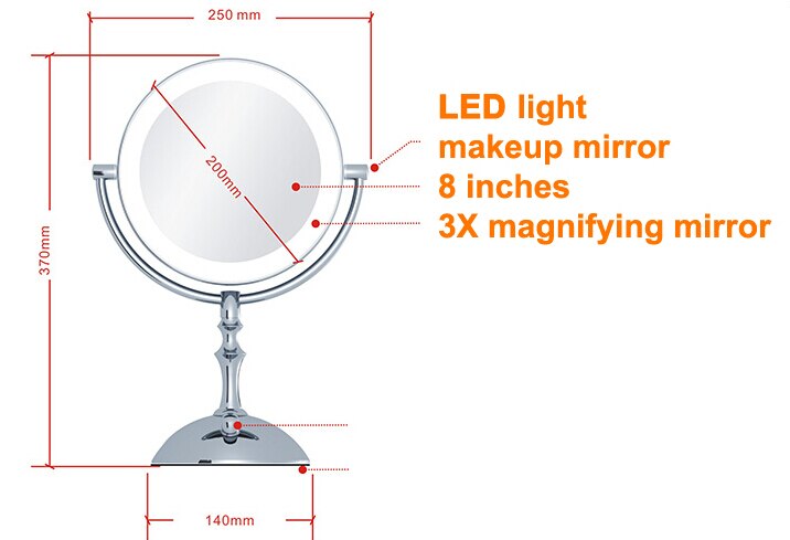 Miroir de maquillage métallique à 2 faces, 8 pouces, avec lampe LED grossissante 3X 5X 10X, pour cosmétique, réglage de la luminosité