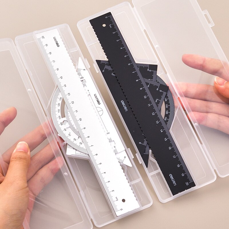 DELI Metal Ruler 20cm Set Stationery for Students Straightedge Triangle Ruler with Wave Line Protractor, Compass Triangle Plate