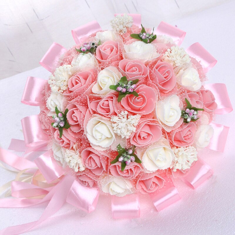 Fioletowy bukiet ślubny sztuczne 45 sztuk sztuczny kwiat róży z wstążka duży bukiet ślubny kwiaty druhny suknie ślubne uchwyt na