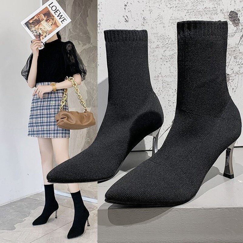 Mi-mollet bottes femmes bottes femmes chaussures à talons hauts bottes courtes troupeau Stretch chaussettes bottes automne hiver bottes
