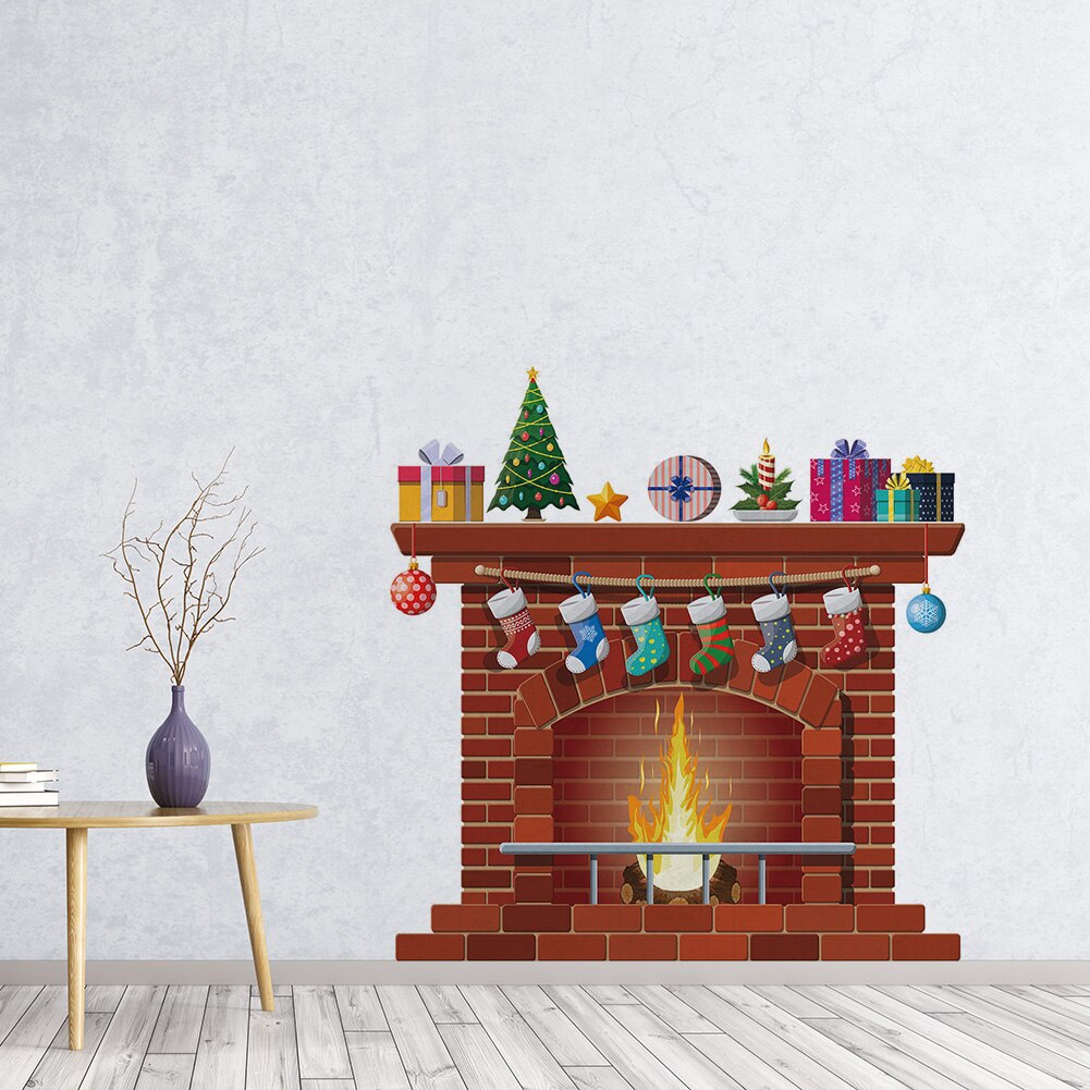 Christmas Socks Fireplace Wall Stickers Removable Window Glass Door Room Decal Self-adhesive PVC Year Home Decor