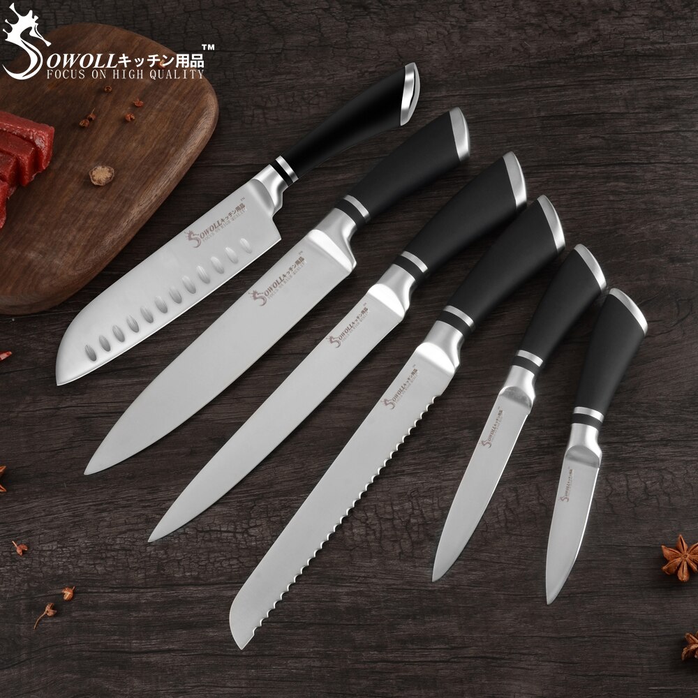 Sowoll kokkekniv sæt rustfrit stål skarpt blad køkkenkniv madlavningsbestik 3 cr 13 mov santoku brødskæreknive