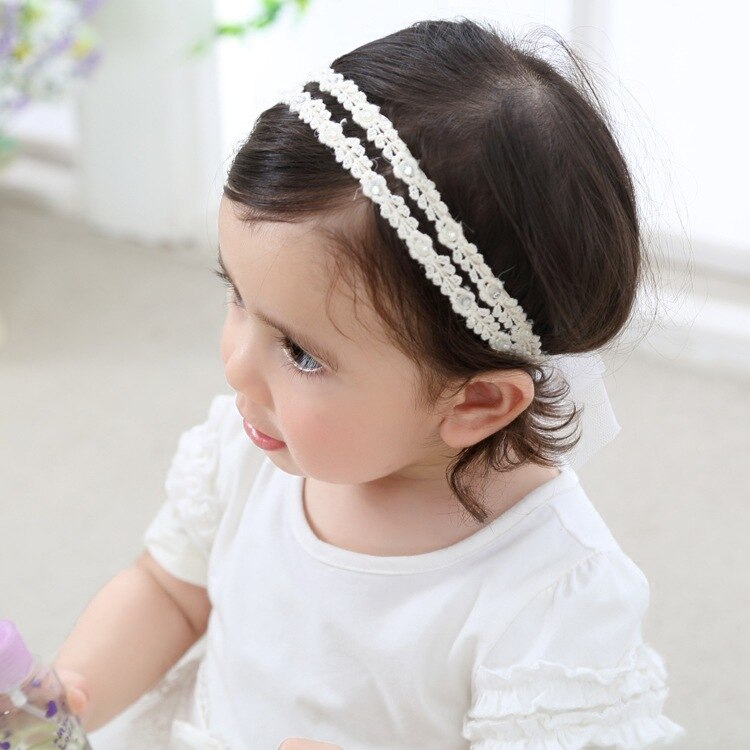 Baby Meisje Hoofdband Parel Kant Bloem Haarband Kind Retro Elastische Haaraccessoires Kid Verstelbare Tieback Hoofddeksels Photo Props: White 1