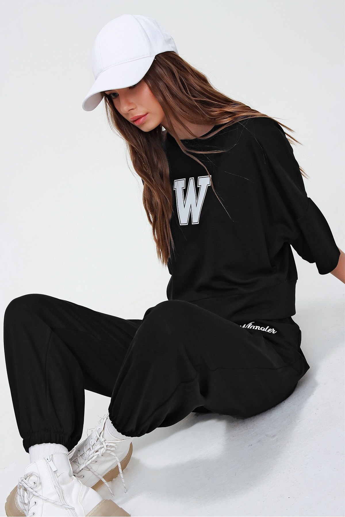 Women's Clothing Spring Summer Season Bottom Top Dual Black W Printed Tracksuit Set Daily Use Casual ALC-X5889