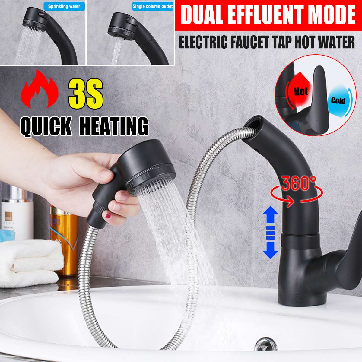 3S Quick Heating & Cold TapsBlack Kitchen Mixer Taps Pull Out 360Swivel Spout Spray Sink Basin Brass Faucet Pull Out Faucet