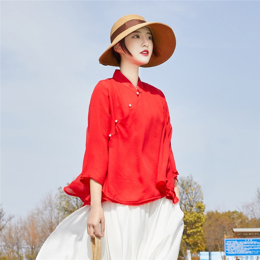 Ropa de estilo chino tradicional para mujer, Top con cuello alto, Color sólido, lino, algodón, Hanfu moderno, primavera y otoño, 2022
