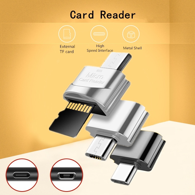 Mini leitor de cartão de memória portátil tipo c, leitor de cartão de memória tf microsd para typ-c e micro usb v8 interface para celular