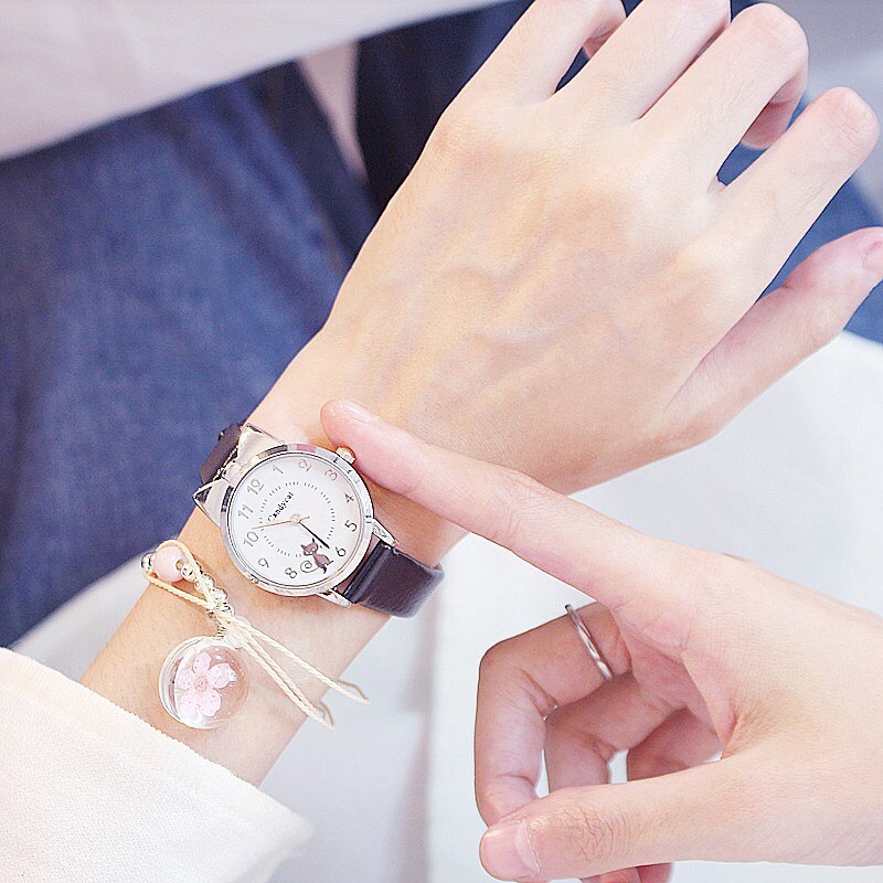 Studenten Kinderen Roze Horloge Meisjes Lederen Kind Kids Zwarte Kat Quartz Horloge Ronde Analoge Klok Horloges