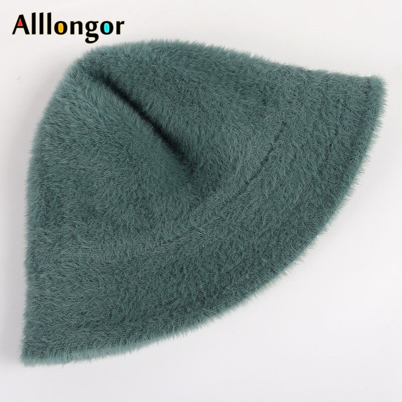 Winter Hat Women Bucket Hat Femme Autumn Warm Solid Casual Plush Faux Fur fishing cap Solid Wool fisherman&#39;s hats mujer: green