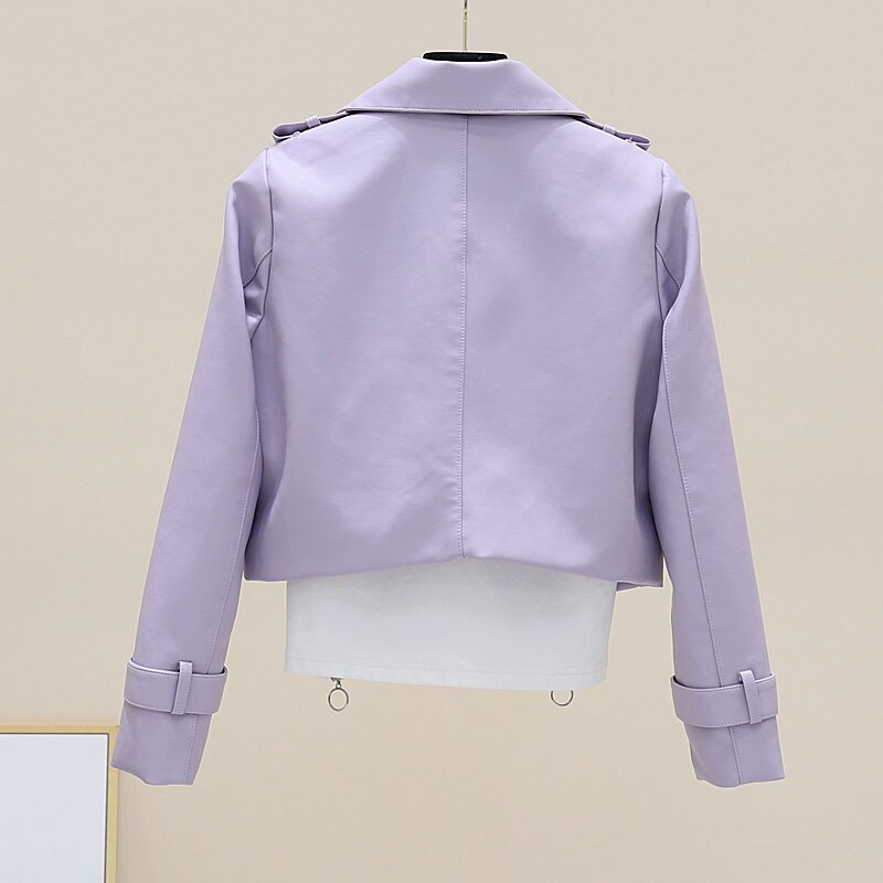 Veste coréenne en Faux cuir PU pour femme, manteau court violet à manches longues, Slim, doux, bouton unique, motard de rue, printemps,