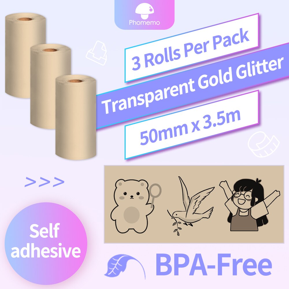 M02 Zelfklevende Thermisch Papier Bpa Gratis Afdrukken Thermische Foto Sticker Rolling Papier Voor Phomemo M02/M02S/m02Pro Mini Printer: Transparent Gold