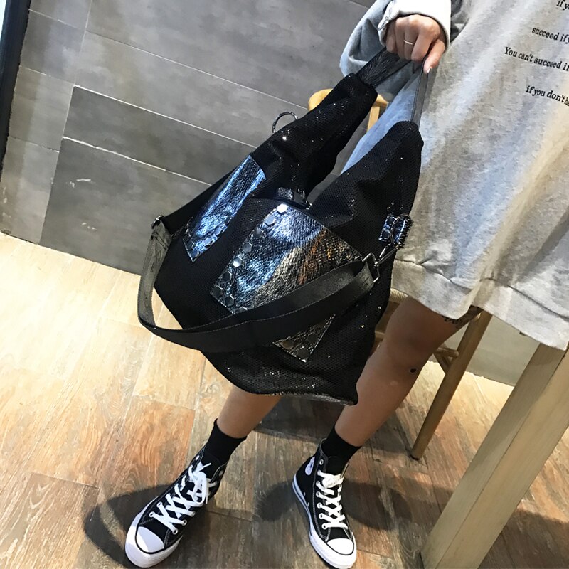 Sobre grande rede de malha iridescente paillette bolsa senhora casual multi-bolsos fralda mensageiro saco feminino tamanho grande bolsa de ombro: small size