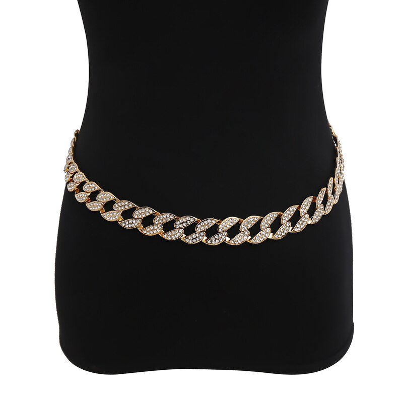 Guld kæde bælte damer talje bælter til kvinder sølv metal ketting riem luksus cinturon mujer punk linning lås hiphop: Rhinestone bælte