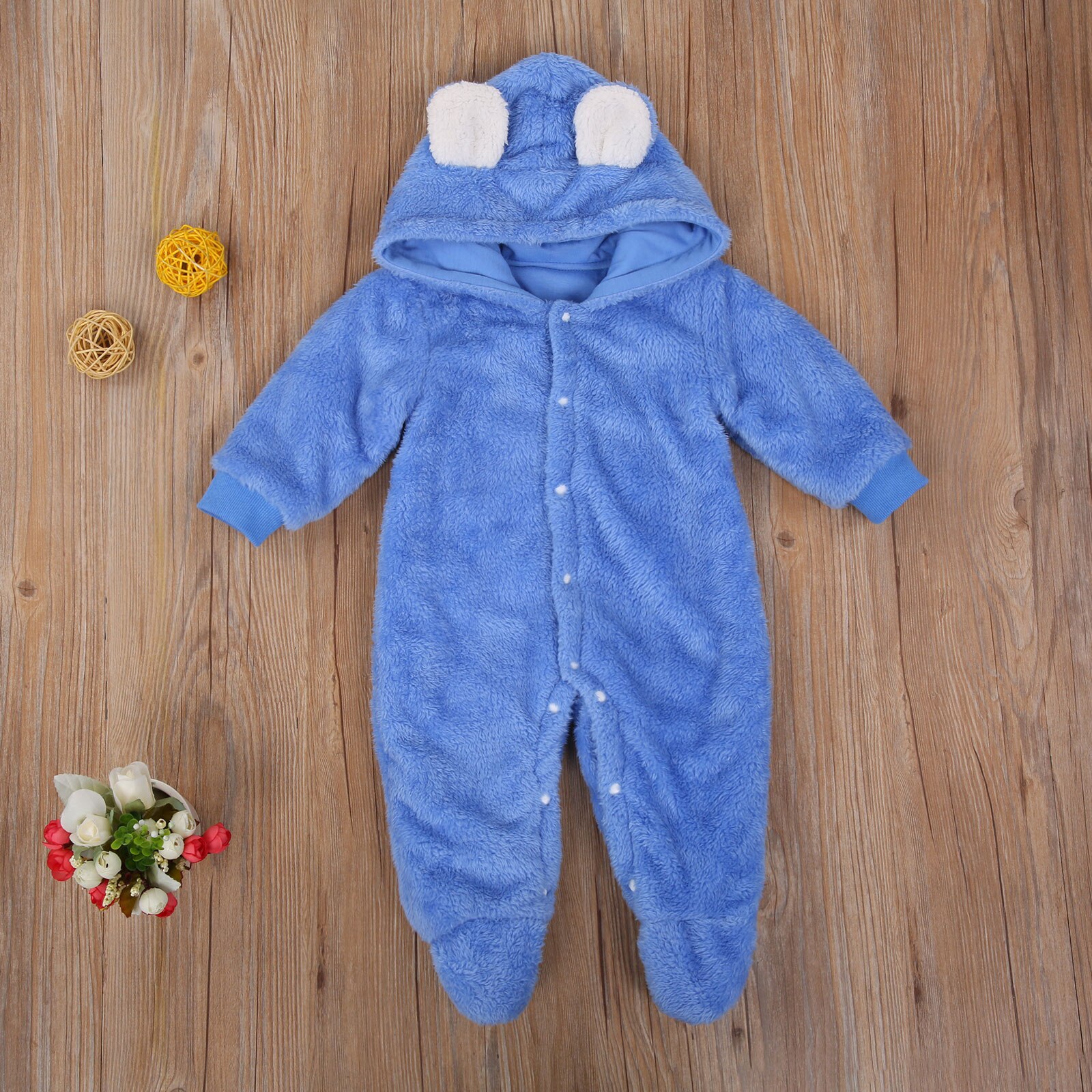 Baby Jongen Meisje Winter Romper Lange Mouw Herfst Verse Pluche Effen Kleur 3D Oren Hooded Een Stuk Lange Broek
