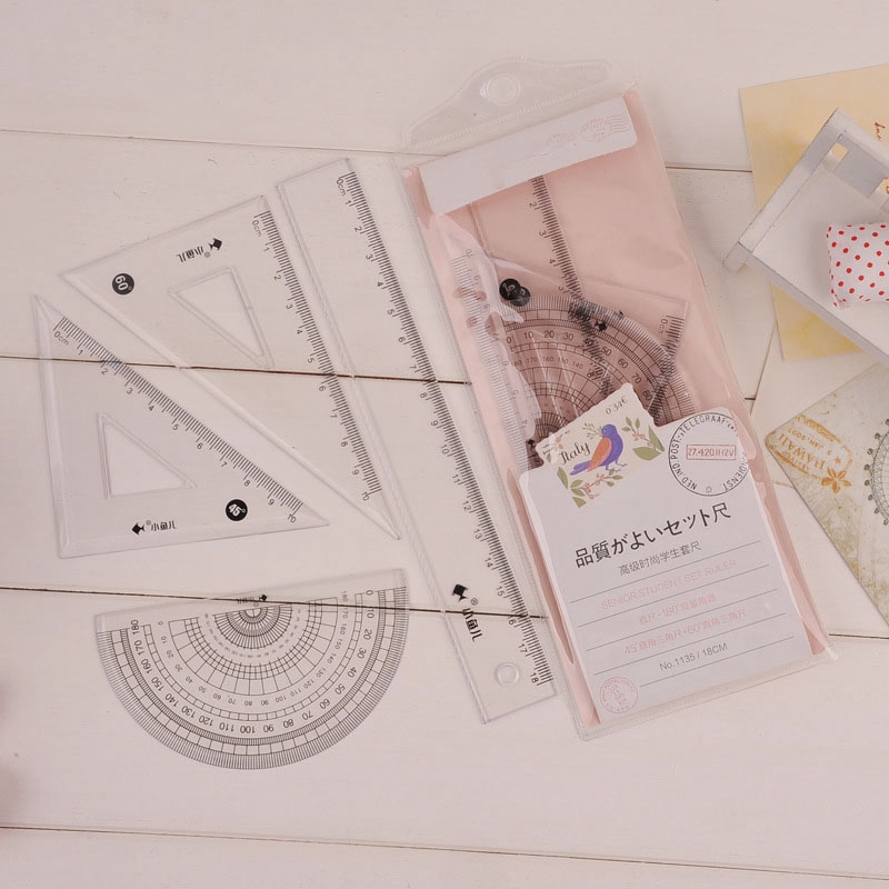 4 pcs/set 18cm Straight Ruler Protractor Students Math Geometry Soft Bendable Plastic Triangle Ruler Set Office School Supplies