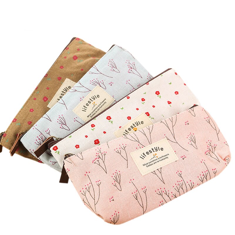 Estuche de lona con estampado Floral y cremallera para lápices, bolsa de tela con estampado de flores, material escolar y de oficina