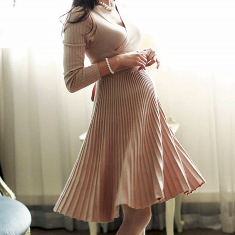Vestidos de maternidad sexys con cuello en V, ropa de embarazo hasta la rodilla, ropa de maternidad, 6MDS075: Caqui
