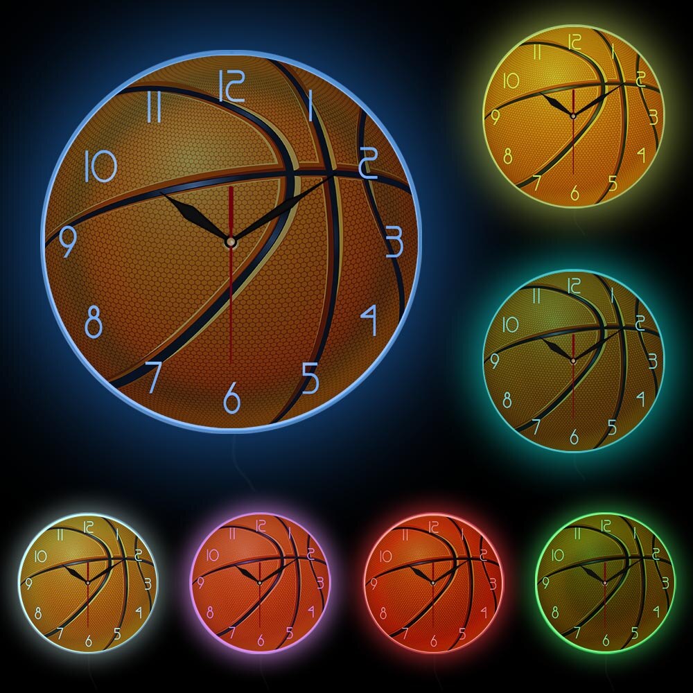 Basketball Ball 3D illusion Modern Printed Wall Clock Boy Room Nursery Wall Watch Silent Movement Timepiece Basketball Boys: White Frame With LED