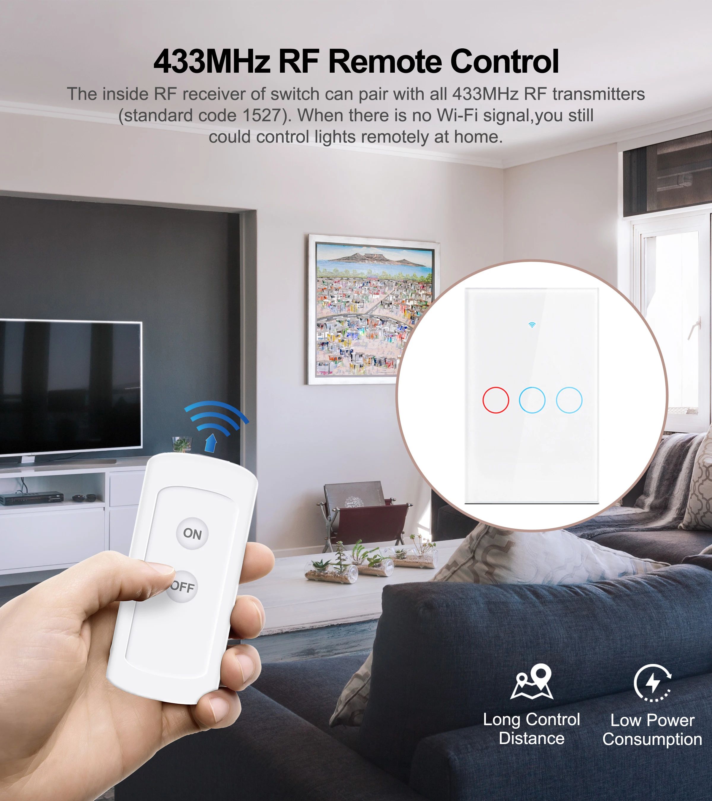 Tuya US WiFi Smart Wall Switch RF433 1/2/3 Gang No Neutral Wire Touch Sensor LED Light Switches Smart Home Alexa Google Home