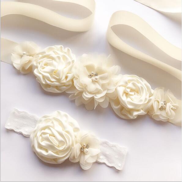 Cinturón de flores para niña, fajín de señora, fajas de boda con diadema de flores, 1 Juego de cinturón de boda