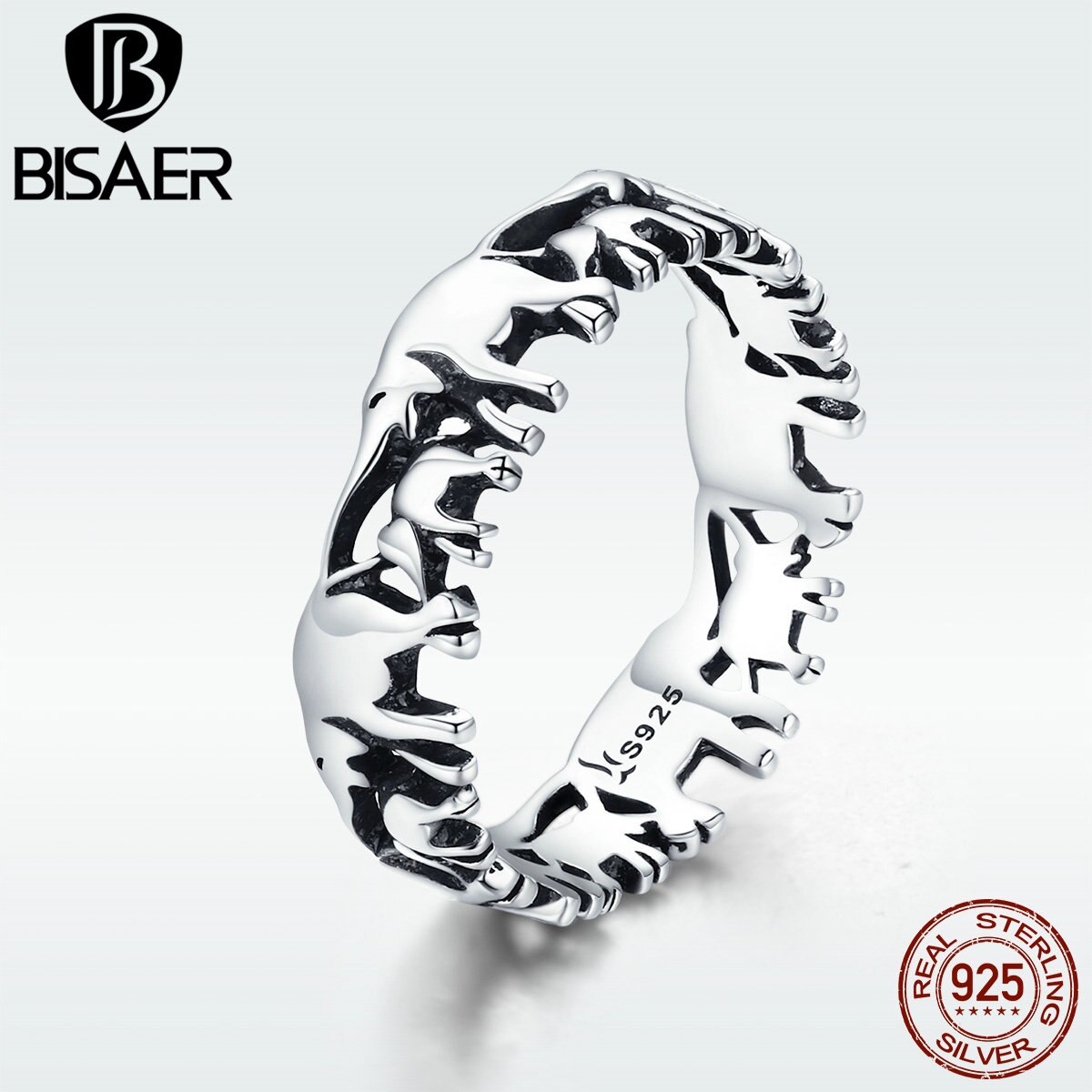 BISAER 925 Sterling Argento Anel Partito Vintage Silver Ring Animale Impilabile Elefante Delle Donne Anello di Barretta Dei Monili di Cerimonia Nuziale ECR344