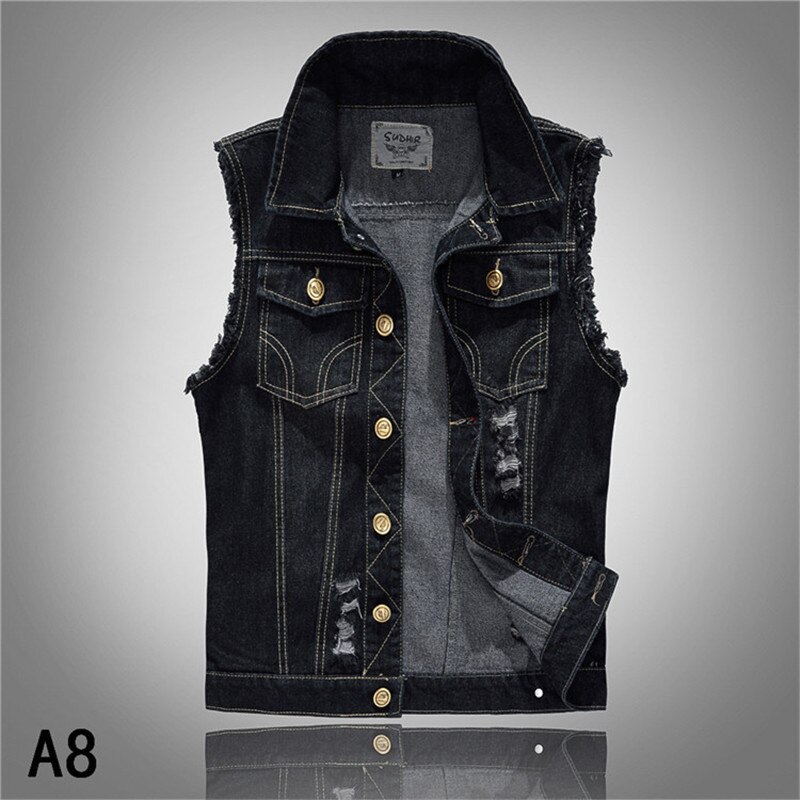 Spring Ripped Jean Jacket Mens Denim Vest Hip Hop Jean Waistcoat Men Classic Cowboy Sleeveless Jacket Male Summer Tank Plus Size: black / 6XL