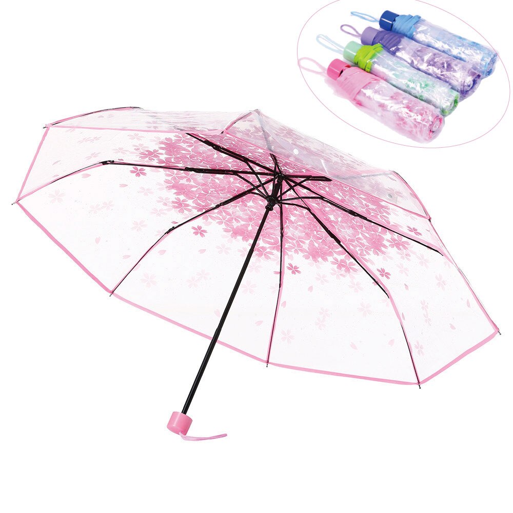 Moda bonito 1 pc Três-Chuva de Sol Guarda-chuva dobrável Transparente Mulheres lady Limpar flor de Cerejeira tipo Cogumelo Sombrinha Guarda-chuva