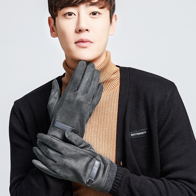 Guantes para conducir de gamuza para hombre, invierno, mantener el calor, además de terciopelo, pantalla gruesa, guantes de invierno a prueba de viento, cuenco de punto, boca, dedo completo
