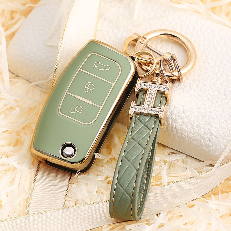TPU Car Key Cover Case For Ford Fiesta Focus 2 Ecosport Kuga Escape Falcon B-Max C-Max Eco Sport Galaxy 3 Button Accessories: green and keychain
