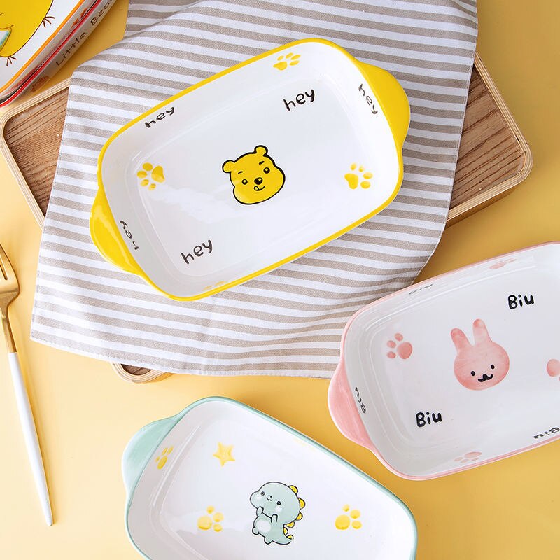 Plate Sets baked rice baking tray ceramic baking tray salad tray net red dish tableware oven tray cartoon cute baking