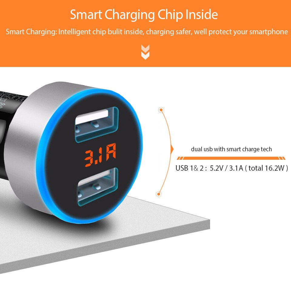 LED Display Dual USB Car Charger Output 3.1A Snel Opladen Mobiele Telefoon Travel Adapter Aansteker DC 12-24 V Auto Telefoon Oplader