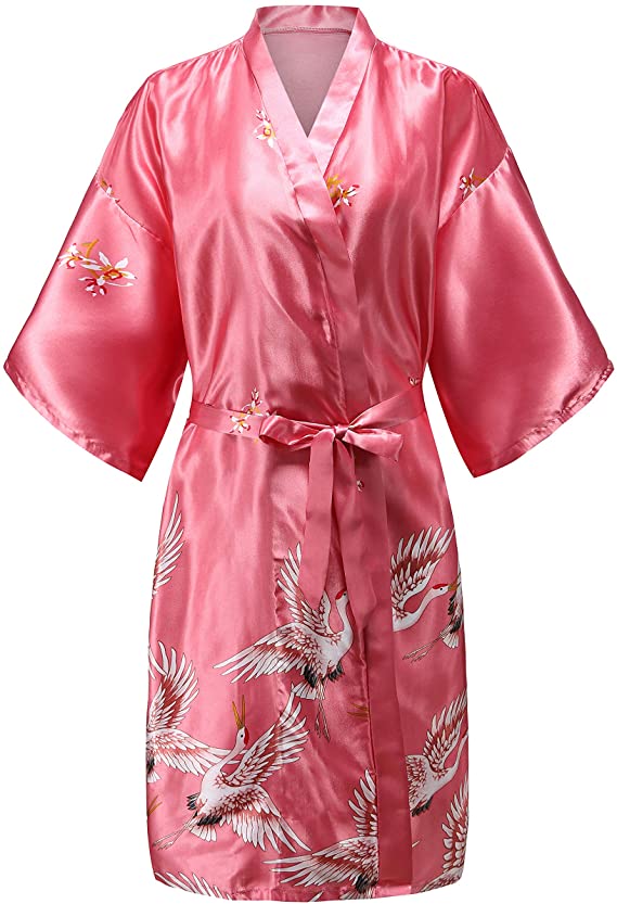 Bata de satén de seda para boda, bata de dama de honor, albornoz Floral, Kimono corto, bata de noche, bata de baño, bata de para mujer: M / Castaño
