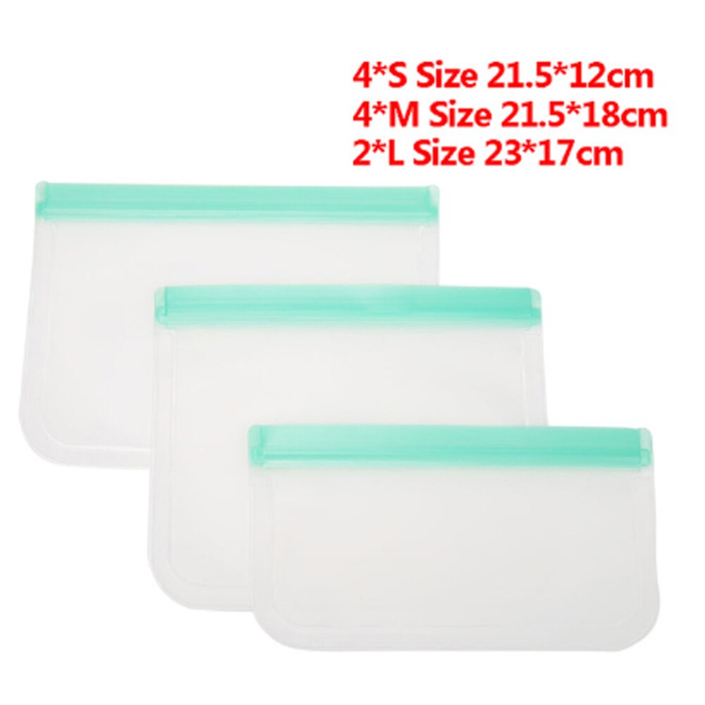 10Pcs Peva Silicone Voedsel Opbergtas Herbruikbare Vriezer Tas Lekvrij Top Zip Lock Tassen Keuken Organizer Vers Houden tas: Green 10Pcs