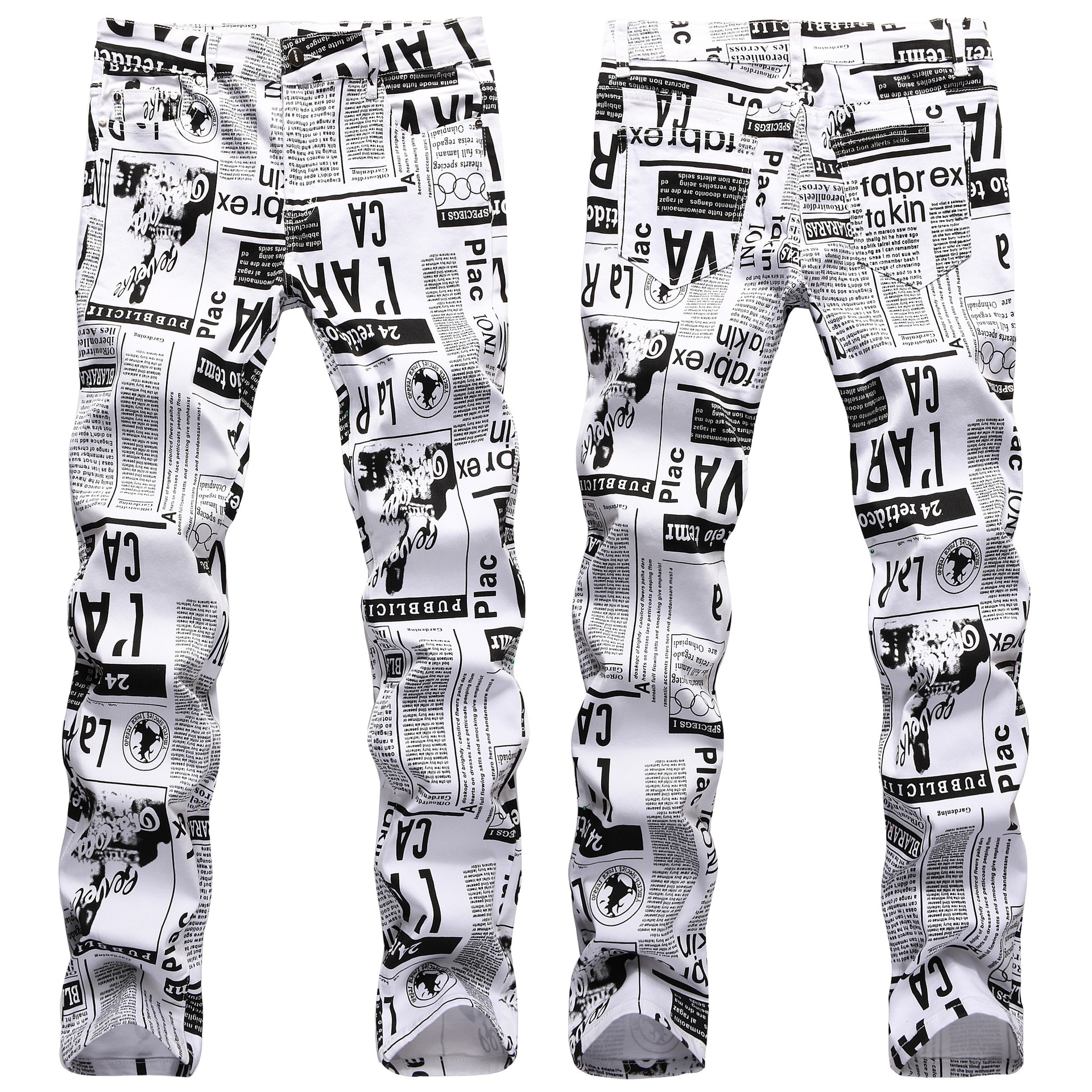 Men’s Street Prints Jeans,Slim-fit Stretch Denim Pants,Newspaper Painting Party Jeans,Cool Casual Jeans;
