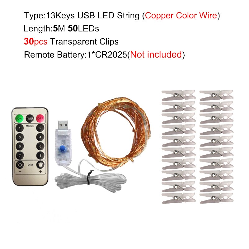 2M/5M/10M USB LED Lichterkette draussen Girlande für Foto Zauberstab Dekor Gebühr Clips lichter Kette Batteriebetriebene Weihnachtsbeleuchtung: Weiß / 300w