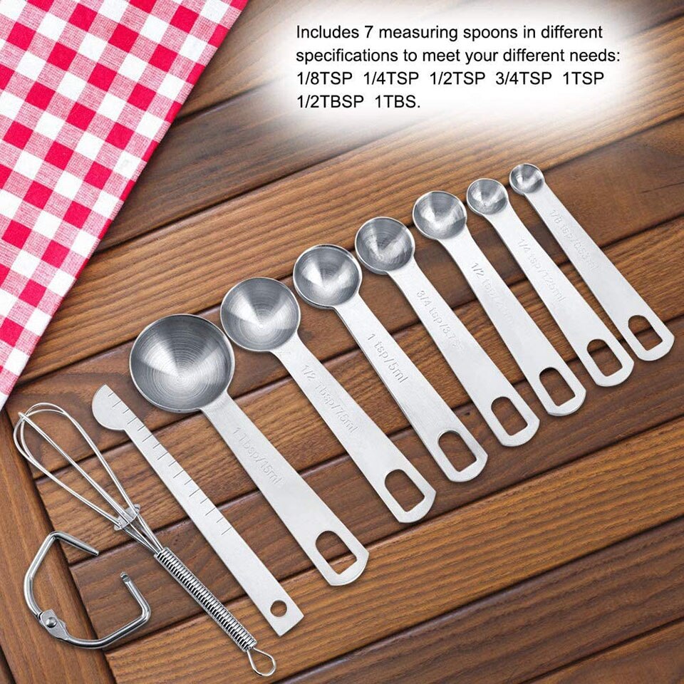 9Pcs/Set Measuring Spoons Cups Set with Measuring Stick Eggbeater Whisk Scales Handle for Kitchen Baking Cooking