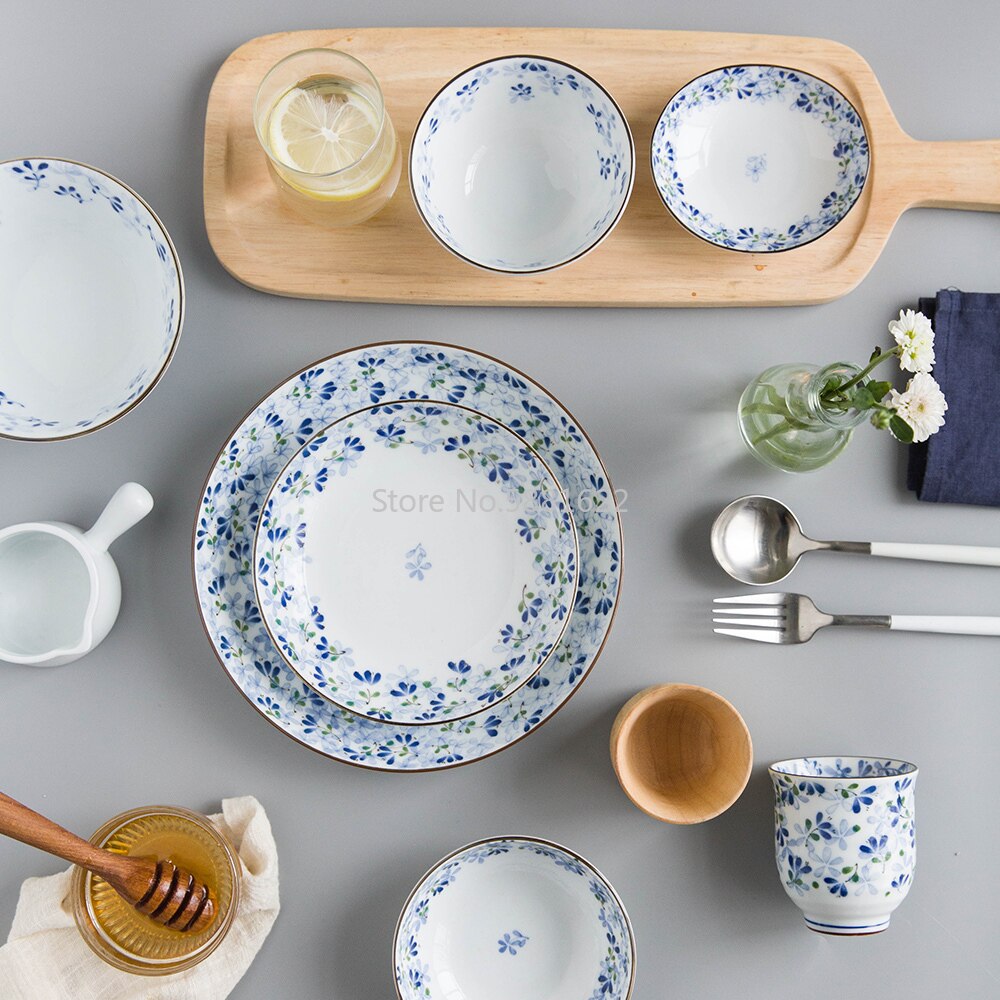 Serie de flores azules de estilo japonés, vajilla de cerámica de hueso claro, plato para el hogar, plato occidental, tazón de arroz, tazón grande