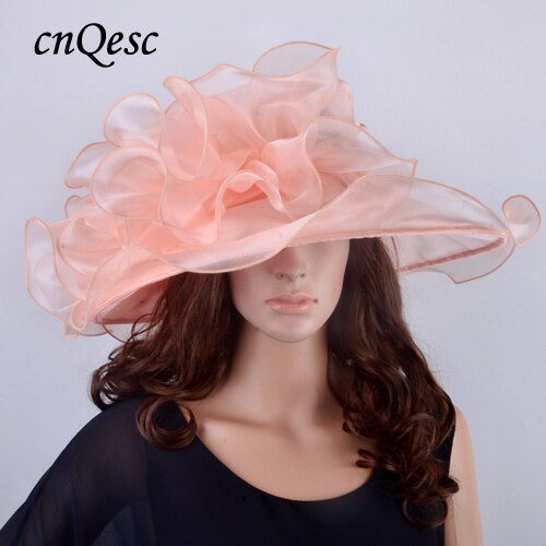 Lime green Wide brim Crystal organza hats church for kentucky derby wedding women's hat races: NUDE PINK
