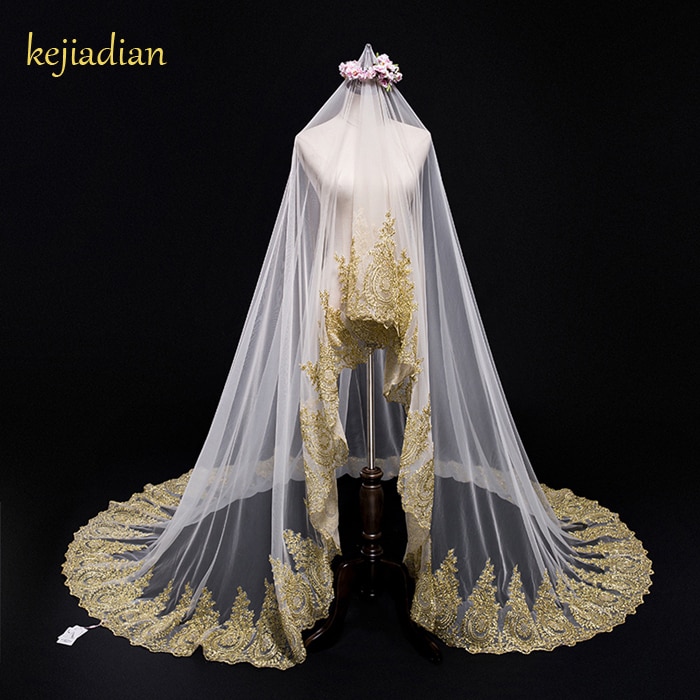 Voile de mariage en dentelle dorée, longueur 300cm, largeur 300cm, accessoires de mariage, de luxe