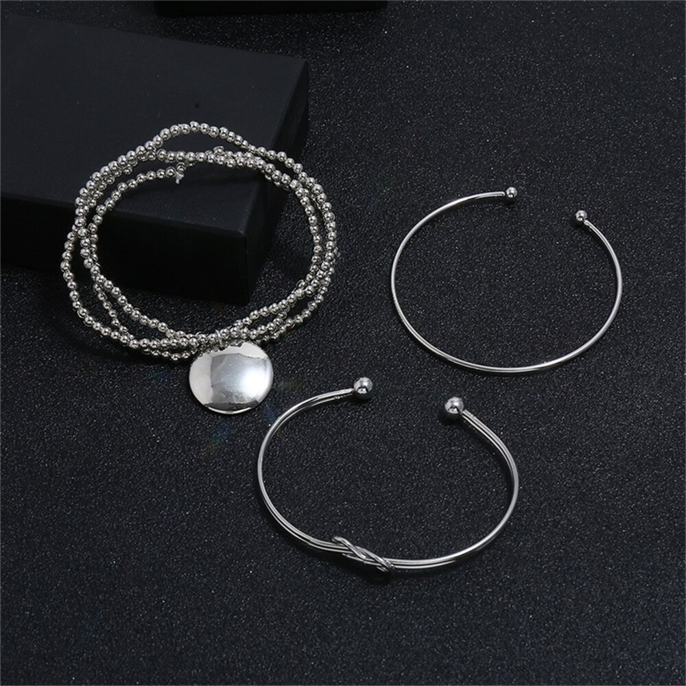 3 Stks/set Zilveren Bohemian Geometrie Armbanden En Armbanden Set Vintage Multilayer Charm Manchet Armband Voor Vrouwen Mode-sieraden