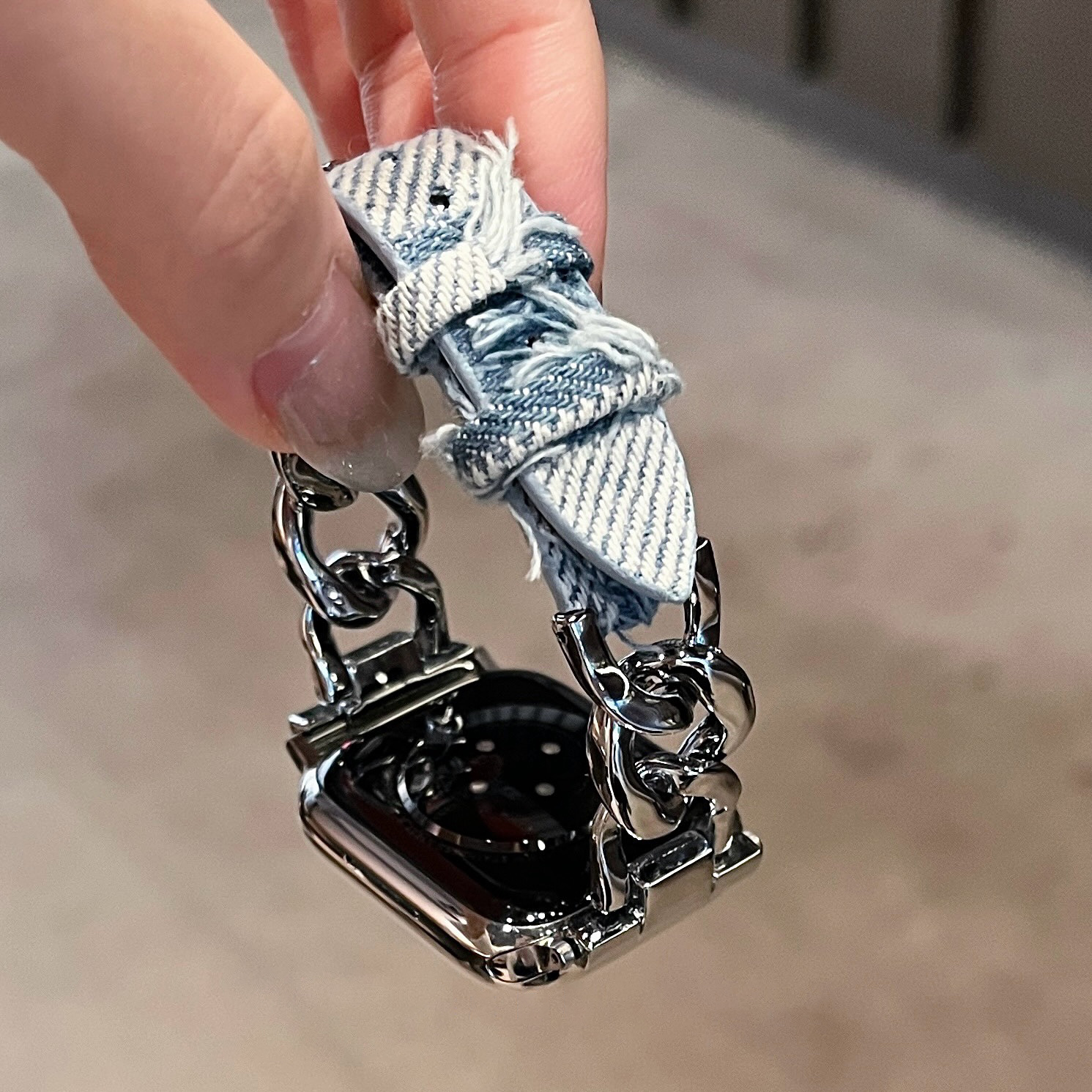 Luxe Slanke Lederen Metalen Kettingband Voor Appel Horlogeband 8 49 9 7 Se 6 Meisje Denim Polsband Voor Iwatch 45 42 44 40 41 38: S / Black Yellow