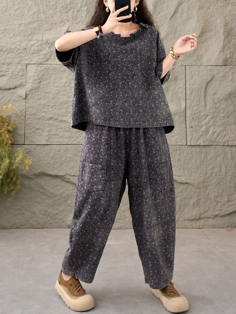 AmaxluluE, trajes vaqueros estampados de verano para mujer, conjuntos de 2 piezas florales sueltos, conjunto de , Tops con cuello redondo, camisetas, pantalones vaqueros informales, pantalones clásicos