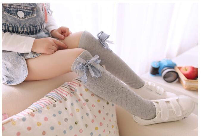 Chaussettes hautes en coton pour enfants, motif dessin animé, imprimé chat, renard: Gray bow side