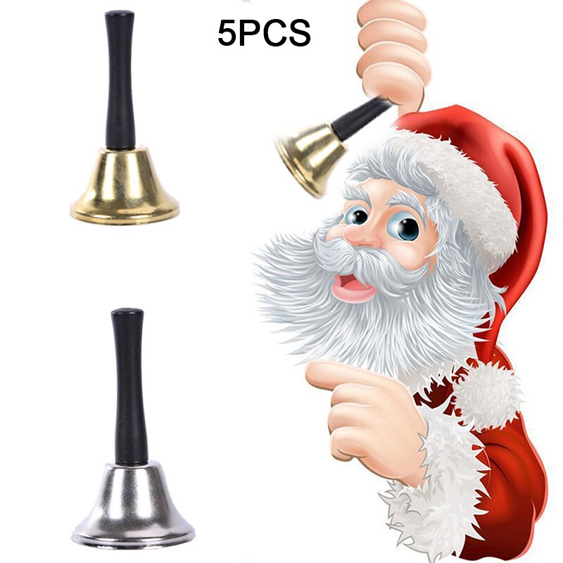 5 Stks/set Hand Bells Kerst Klokken Christma Decoratie Goud En Zilver Xmas Bell Metalen Bell Houten Handvat Jingle Bell