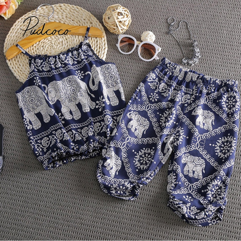 2019 Vestiti del bambino di Estate 2Pcs Set Del Bambino Del Bambino Della Ragazza Elefante Abiti Magliette E Camicette Della Maglia + Pantaloni Larghi Folk-custom vestiti di stile
