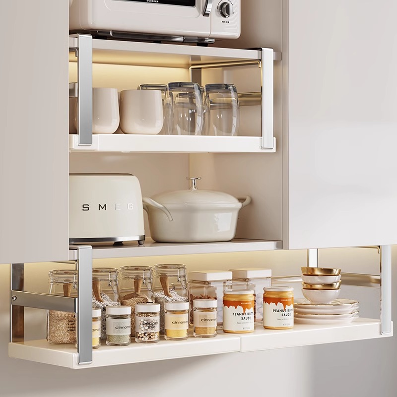 Armario de cocina debajo del estante colgante, capa colgante retráctil, cesta de almacenamiento multifuncional, organizador de especias, accesorios para gabinete