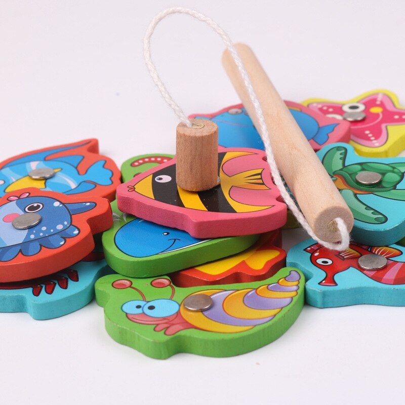 Children Cognition Magnetic Fishing Toys Outdoor Wooden Toys Magnetic Games Fishing Toy Funny 3D Fish Boys Girl